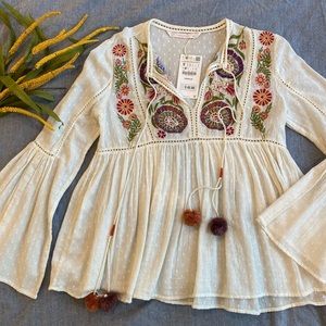 Zara Embroidered Trafaluc Boho Long Sleeve Top Size S